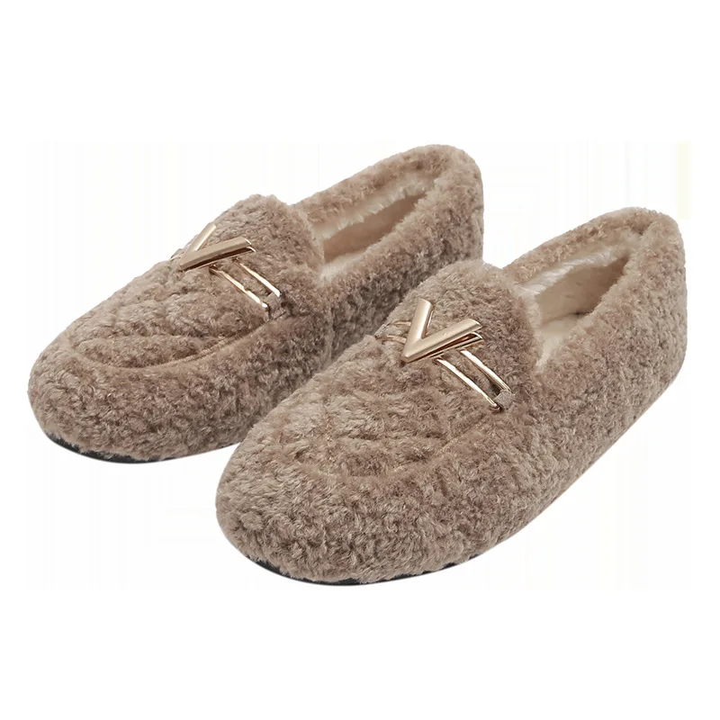 2022 Brand Metal Buckle Loafers Winter Woolen Shoes Women Sheep Fur Flats Ladies Femme Lambswool Mocasines Plush Cotton Shoes