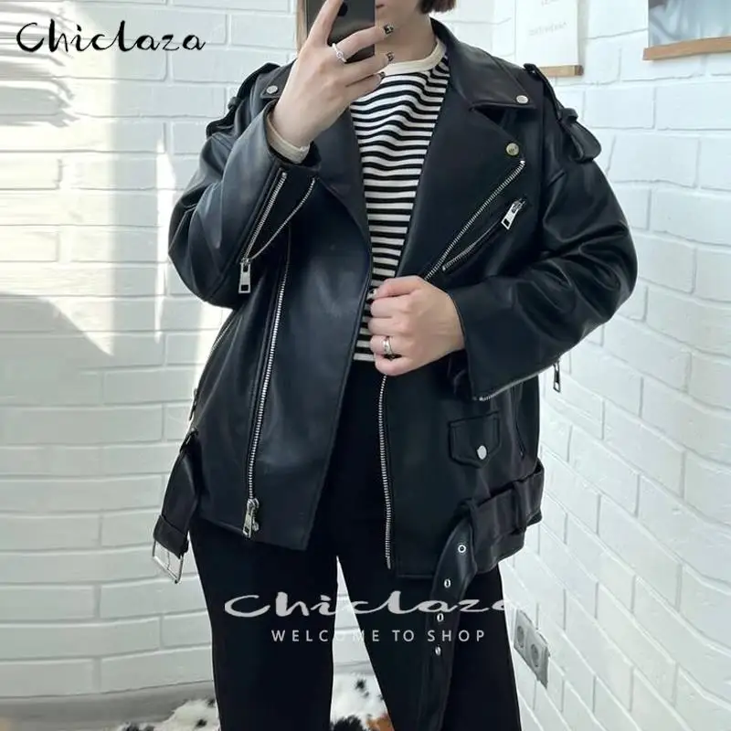 CHICLAZA Women 2022 Spring Fashion Black Faux Leather Jacket Ladies Casual Zipper Biker Coat Female Autumn Loose Couple Outwear