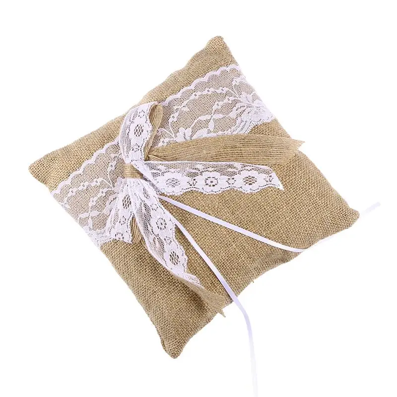 

Burlap Hessian Ring Bearer Pillow Cushion with Lace Trim Bowknot for Home Decor Wedding Decoration Wedding Accessories