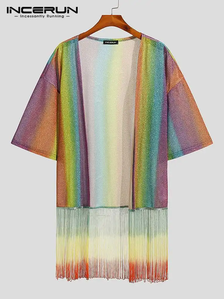 Fashion Casual New Men Tops 2022 INCERUN Rainbow Patchwork Fringe Blouse Stylish Male Hot Sale Mid Sleeve Cardigan Shirts S-5XL