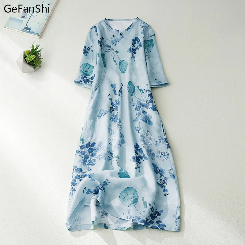 

2022 New Fashion Casual Loose Dress Chic Cotton Linen Print Vintage Short Sleeve Women Summer Elegant Dresses Clothing