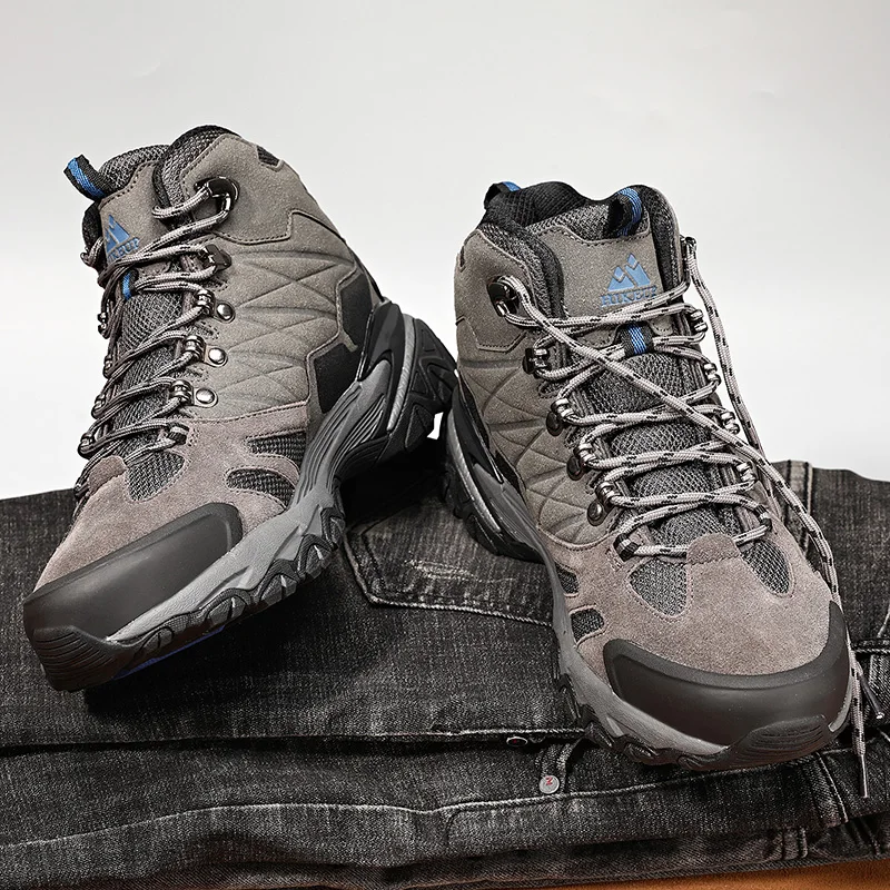  HIKEUP Winter Boot Men Outdoor Hiking Boots Suede High Top Trekking Men Shoes Rainproof Tactical Combat Military Boots 
