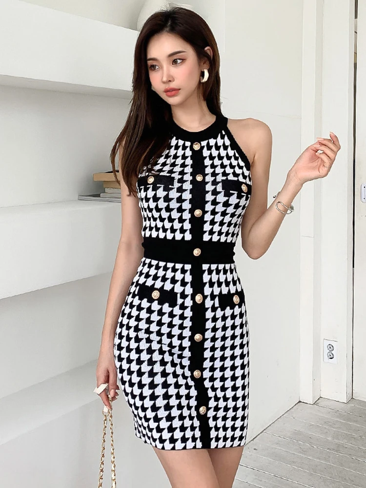 

Summer Elegant Women Short Dress Chic Retro Houndstooth Sexy Halter Bodycon Mini Dresses Party Vacation Mujer Stretchy Vestidos