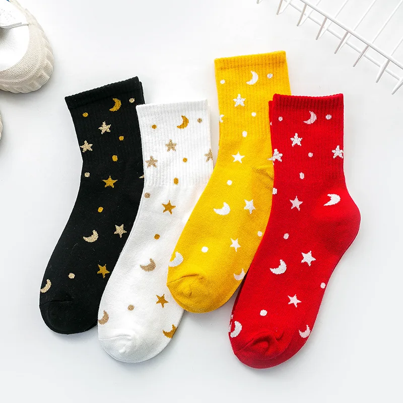 

Socks Women's Spring New Korean Version All-match Cartoon Cotton Mid-tube Bright Silk Starry Women's Socks Fashion Street Trend