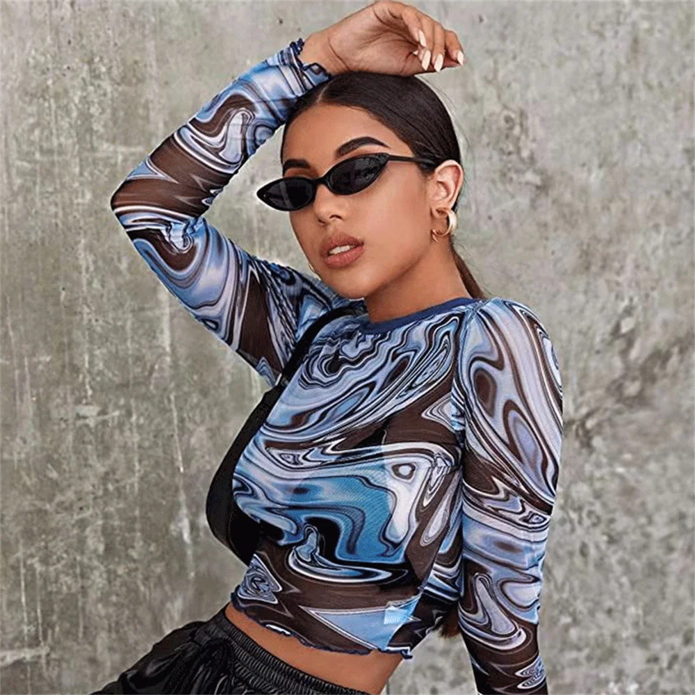 

Sexy Crop Top Vintage Print T-shirt Long Sleeve Slim Fit Tee Women Clothes
