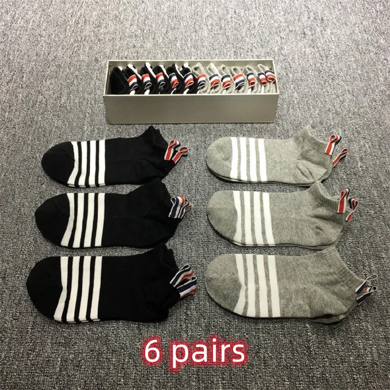 

THOM TB Men's Socks Luxury Brand White 4-bar Stripes Ankle Socks Women's Street Fashion Wholesale TB Stockings Ins 6 Pairs