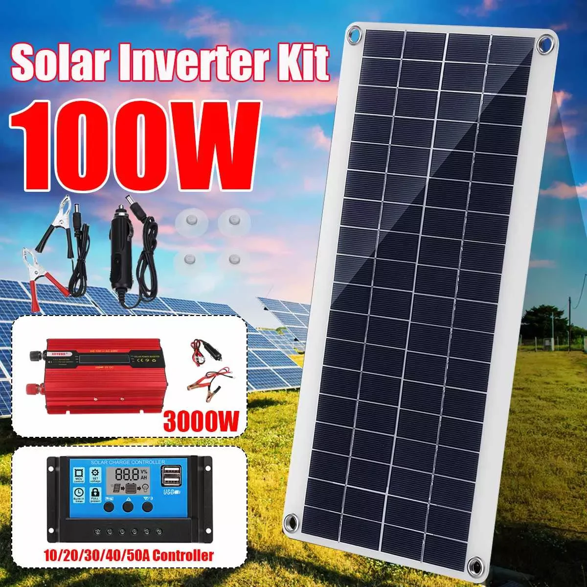 

3000W Solar Power System Kit Battery Charger 100W Solar Panel 10-50A Charge Controller Complete Power Generation Home Grid Camp