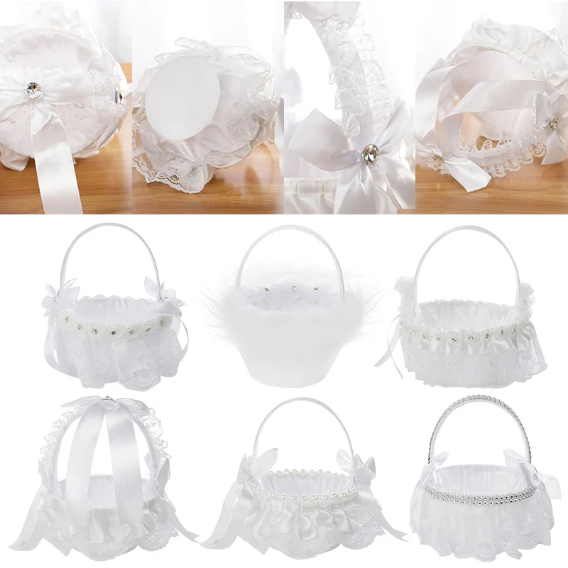 

1pc Wedding Flower Basket Romantic Bow Lace Lace Silk Storage Baskets Wedding Party Portable Rose Petal Flower Basket Decoration