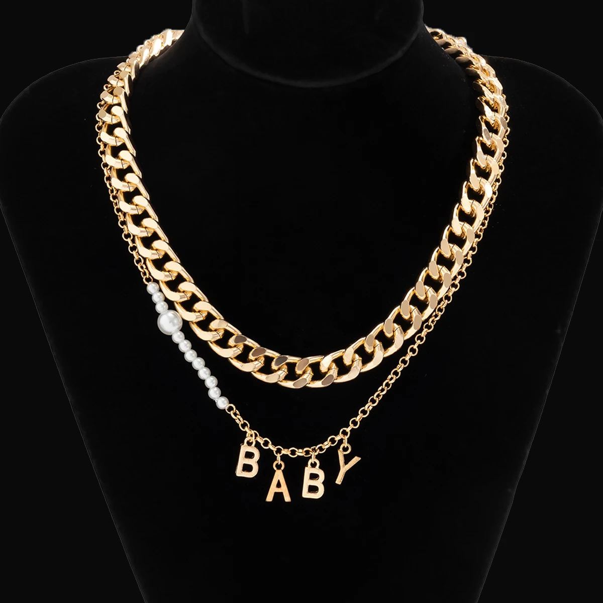 

KunJoe Hip Hop Punk Letter Pendant Necklace for Men Women Imitation Pearl Mulitlayer Metal Link Chain Choker Necklace Jewelry