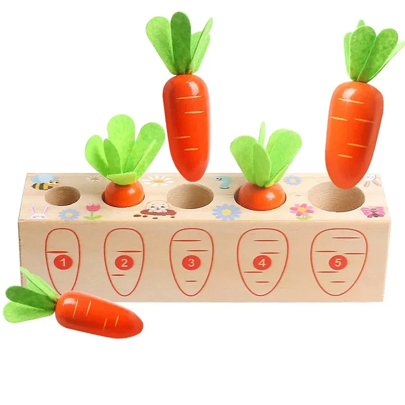 

Montessori Educational Wooden Toys for 1 2 3 Years Toddlers Boys Girls Size Sorting Counting Puzzle Kids Carrot Harvest Game Toy