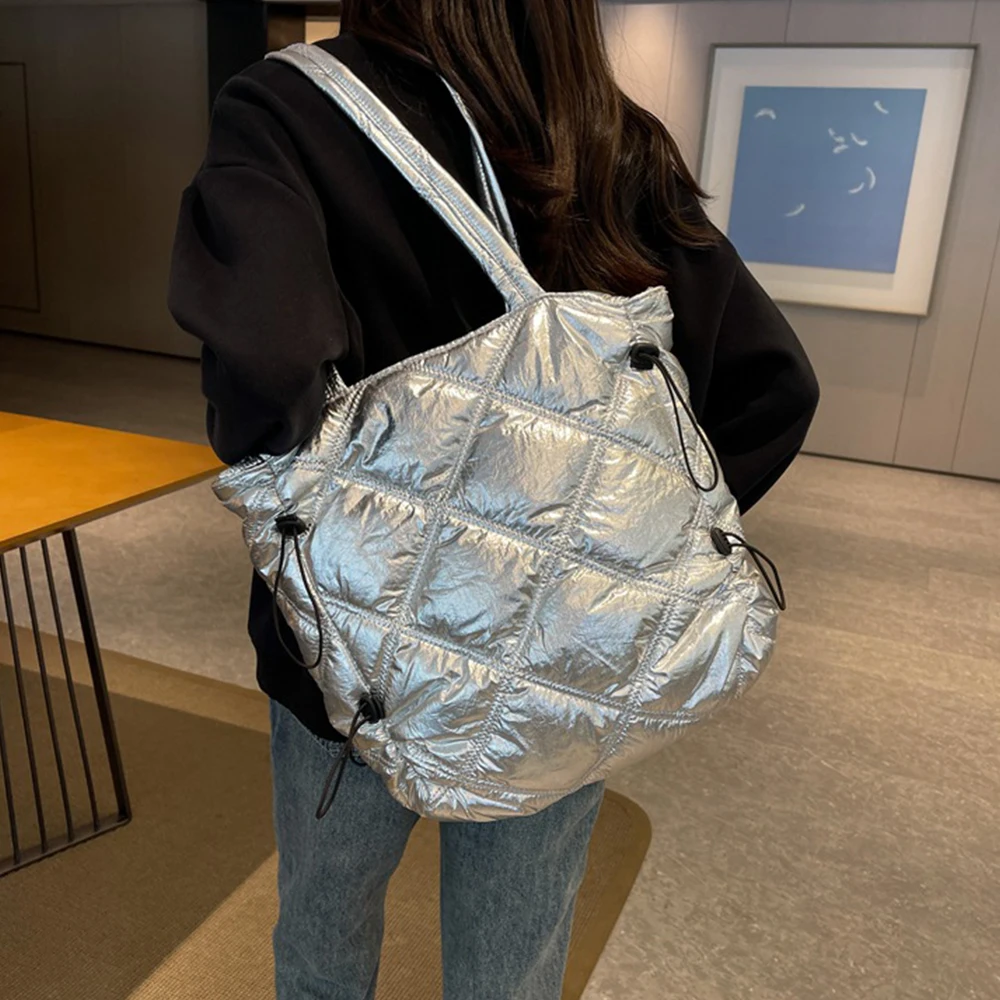 

Lingge Quilted Purses and Handbags Nylon Padded Tote Shoulder Bag Down Space Bags for Women Shopper Puffy Cotton Bucket Bag Chic