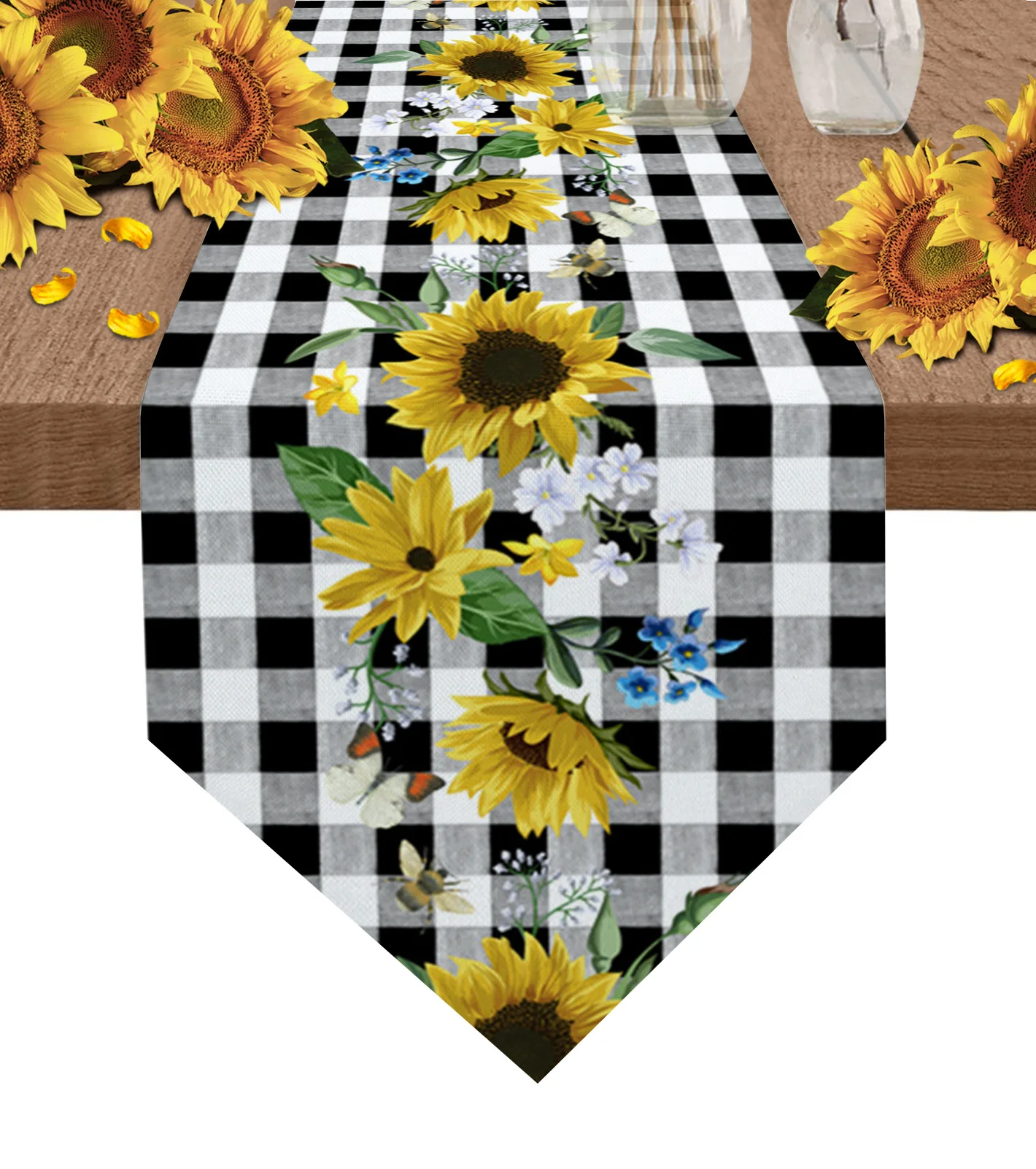 

Летняя Клетчатая настольная дорожка с подсолнухами для свадьбы, банкета, домашнего праздника, вечеринки, украшение для стола, Настольная до...
