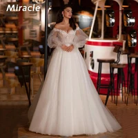 attractive a line wedding dress elegant v neck bridal gown backless dresses off the shoulder puff sleeve lace vestido de novia