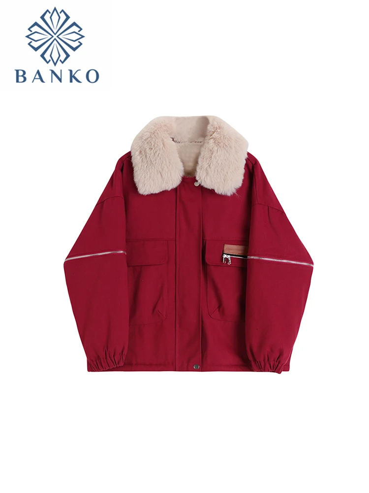 2022 Autumn Winter Women New Turn-down Collar Long Sleeve Plush Outerwear Casual Loose Elastic Cuffs Red Female Thick Coat