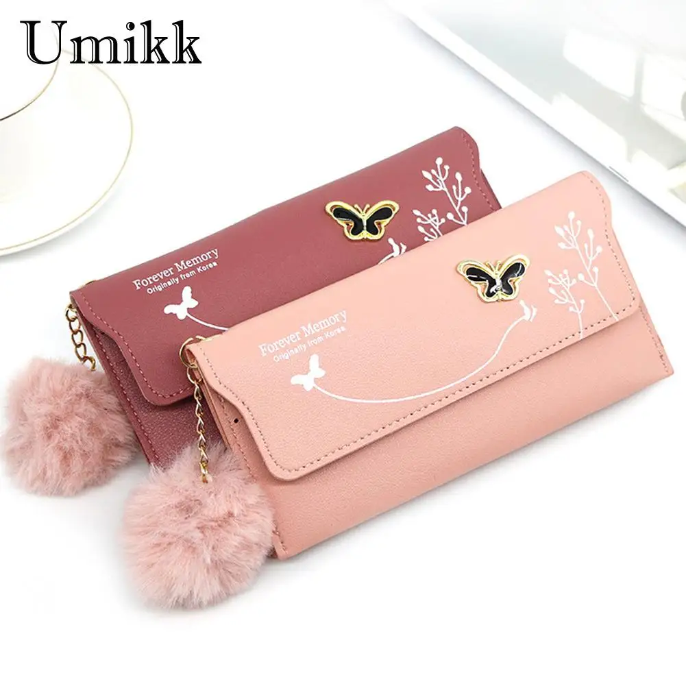 

New Fashionable Women Long Wallets Pure Color Wool Ball Bow Clutch Bag Card Bag Coin Purse Standard Wallets PU Solid Polyester