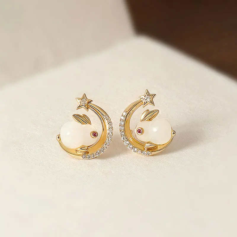 

Chinese Style Jade Rabbit Earrings Auspicious Versatile Imitation Jade Earrings Jewelry For Women Girls Moon Star Party Gift