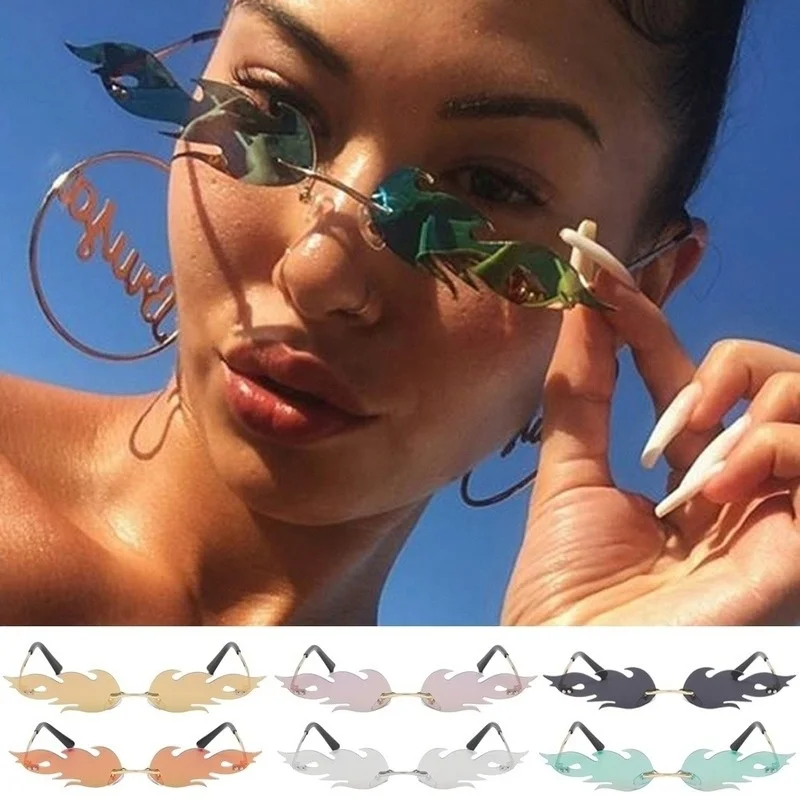 

Women Sunglasses 2022 Fire Flame Sunglasse Men Rimless Wave Eyewear Luxury Trending Narrow StreetWear Sun Glasses