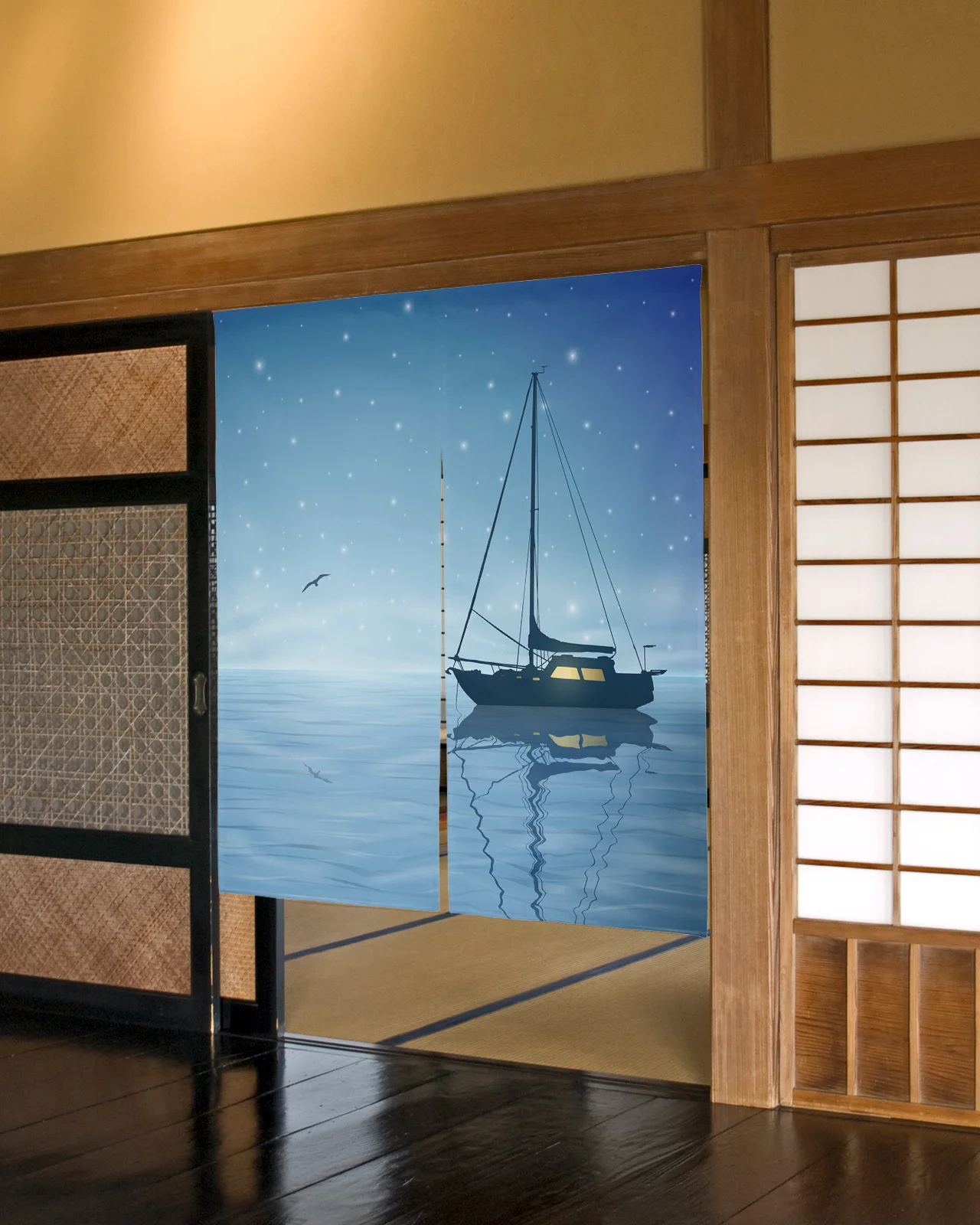

Night Sky Stars Birds Sea Sailing Japanese Door Curtain Restaurant Kitchen Entrance Partition Curtains Customed Half-Curtain
