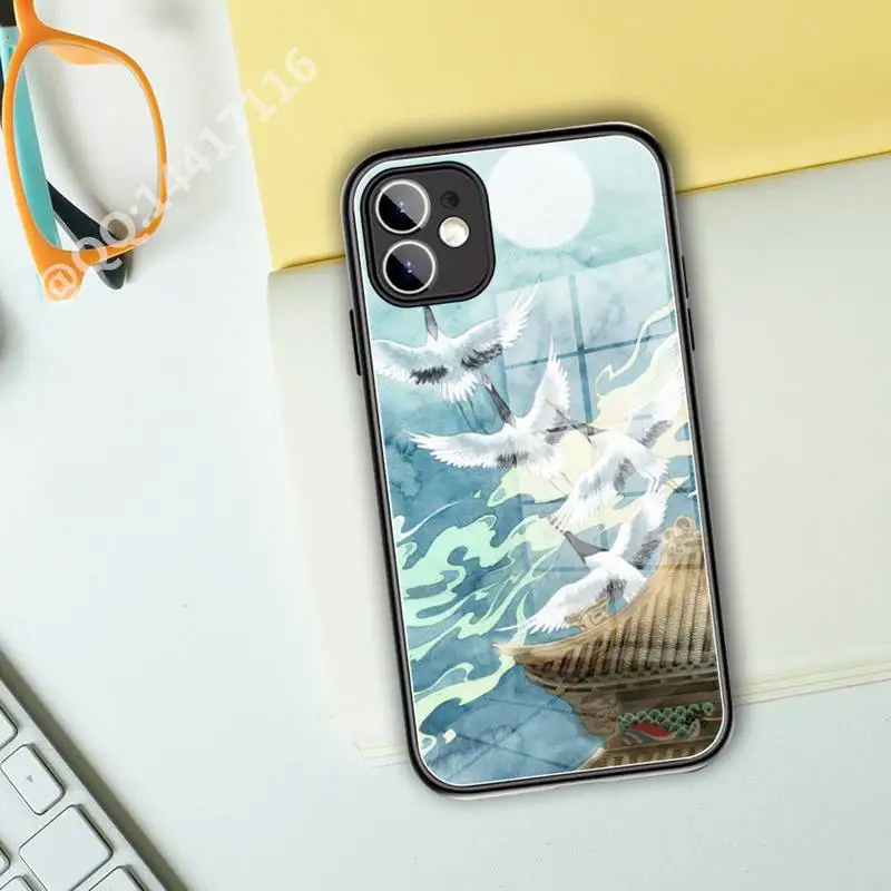 Японский стиль искусства Японии Чехол для телефона из закаленного стекла для iPhone 13 11 Pro XR XS MAX 8 X 7 Plus 12 Mini телефон Полное покрытие.