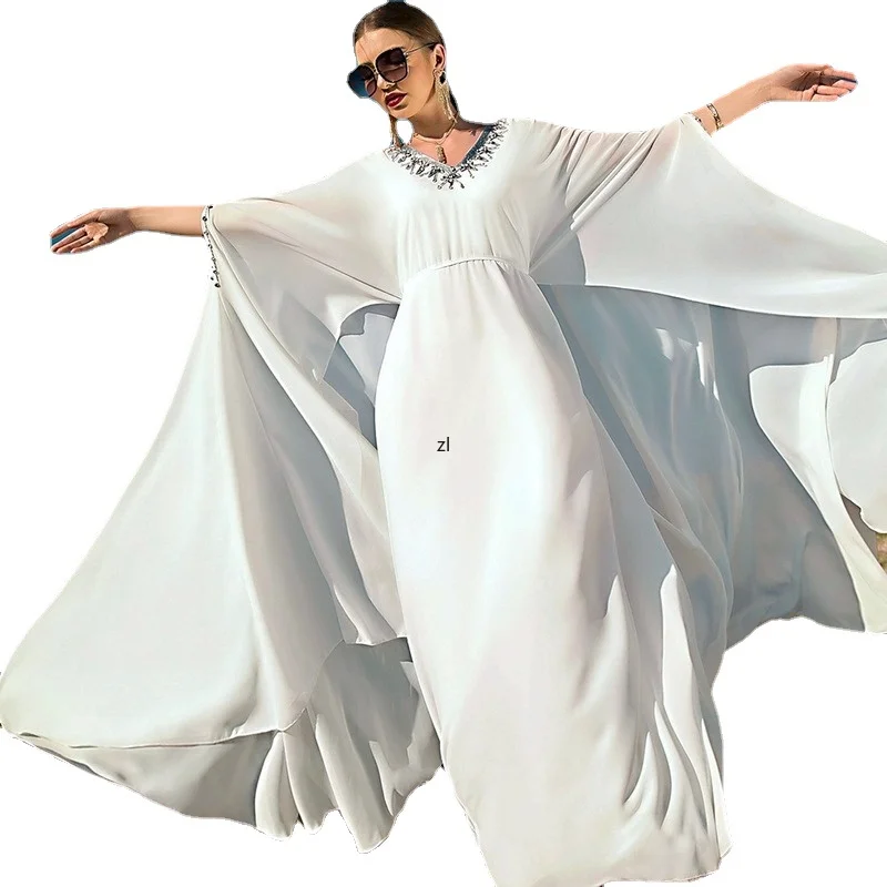 

White Dubai Abayas for Women Ramadan Eid Muslim Evening Party Long Dress Plus Size Moroccan Luxury Caftan Robe Boubou Djellaba