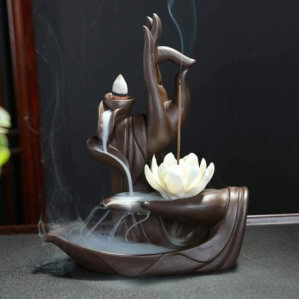 

Buddha Incense Burner Handcraft Ceramic Statue Hand Backflow Incense Burner for Home Decor Decoration, with 10 Incense Cones