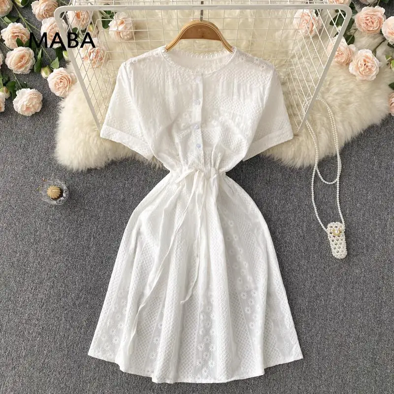 

Runway White Dresses Women 2022 Summer O-neck Short Sleeved Slim Waist Embroidery Elegant Cotton A-line Short Dress Beach Robe