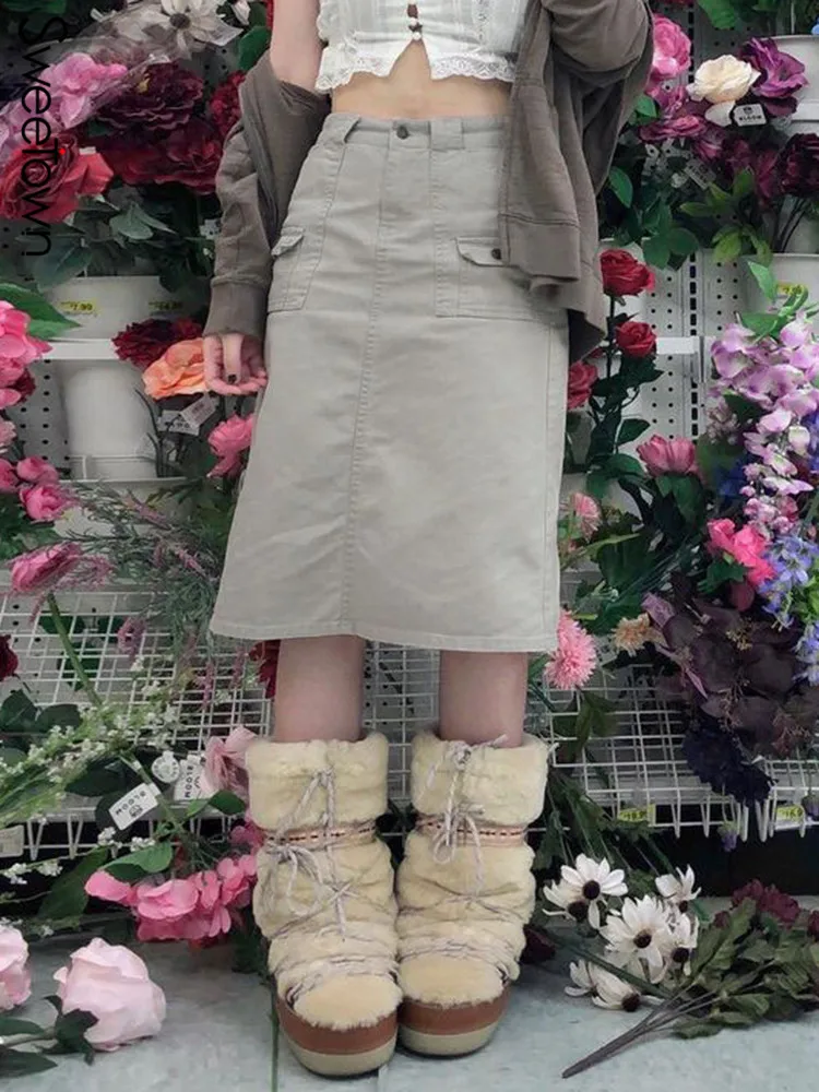 

Sweetown Pockets Casual Midi Cargo Skirts Womens Y2K Fashion Low Waist Vintage Knee-Length Skirt Preppy Vacation Outfits
