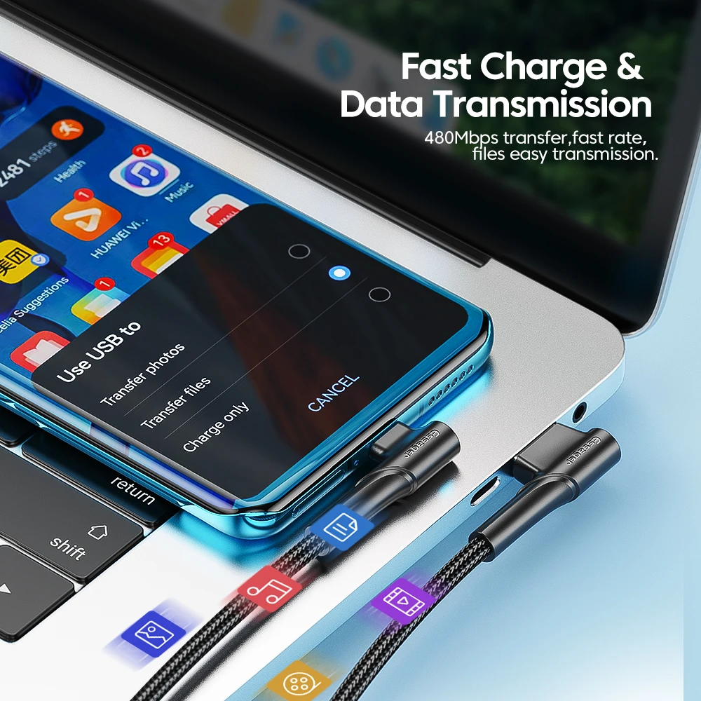 Кабель зарядный Essager USB Type-C 90 градусов 3 А |