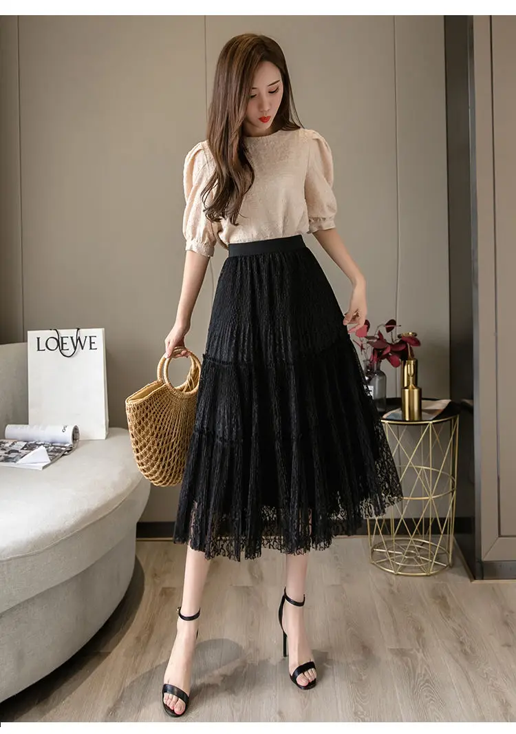 

2022 New Spring Elegant Midi Long Lace Skirt Women Korean Fashion Solid A Line High Waist Mid-length Skirt Skirt Female