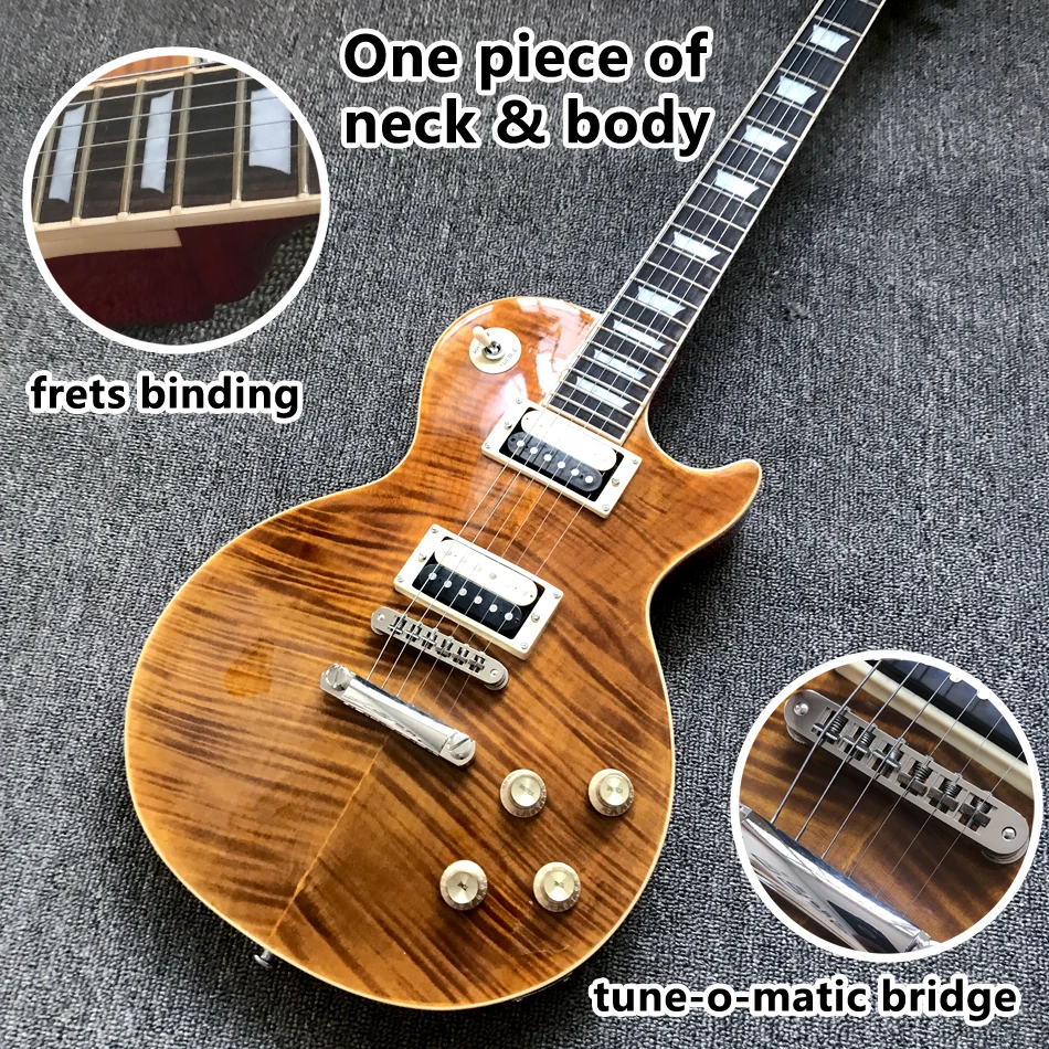 

One piece of neck & body electric guitar, Frets binding, Tune-o-Matic bridge, Brown maple top red back guitar, Free shipping