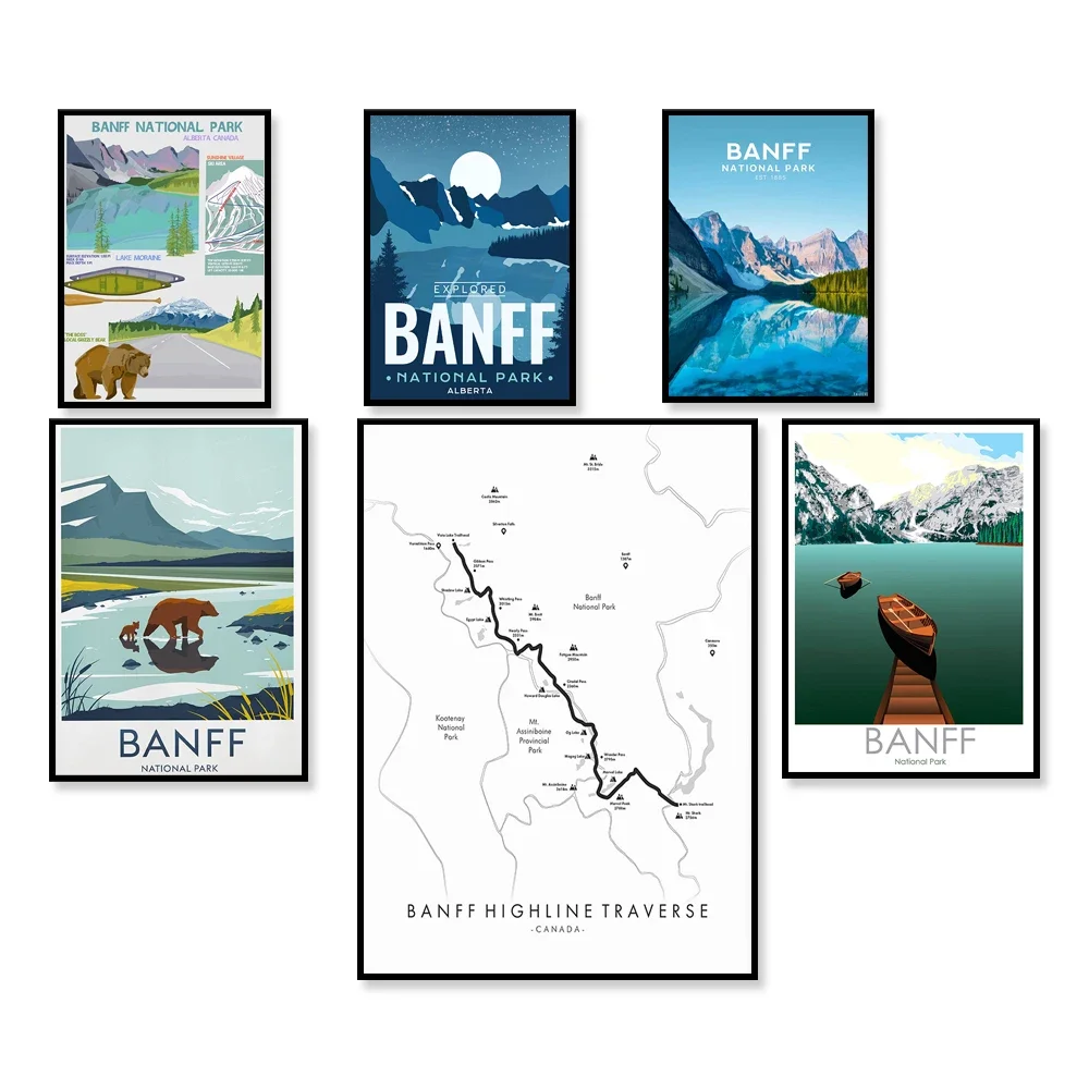 Национальный парк Банфа карта траверсии Мореское озеро Рокки-горы Постер для