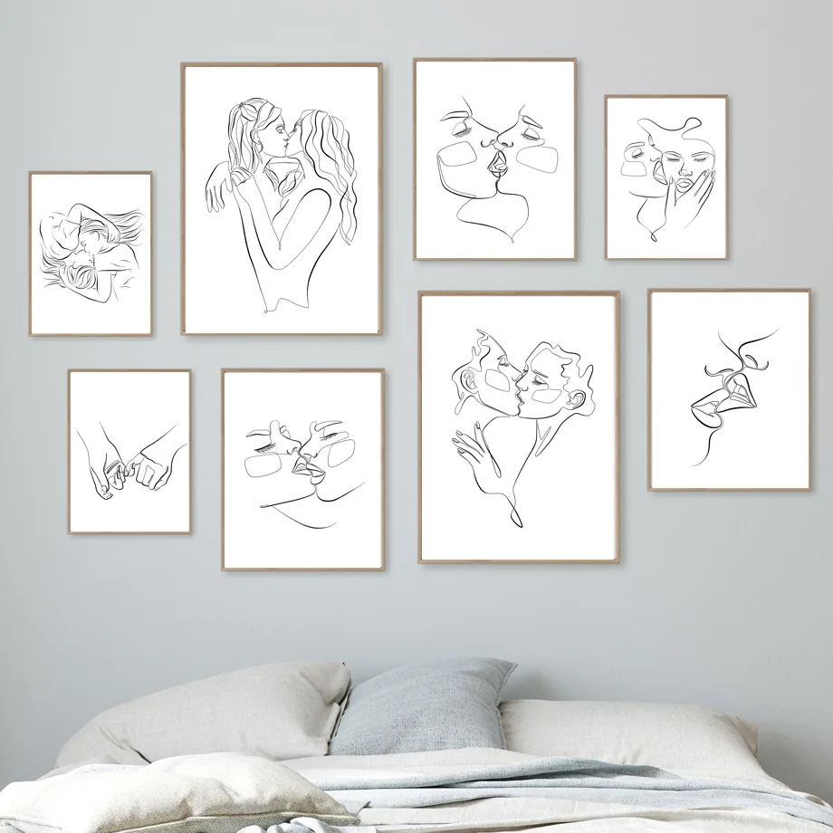 Непрерывный рисунок двух лесбиянок поцелующих каждый настенный художественный