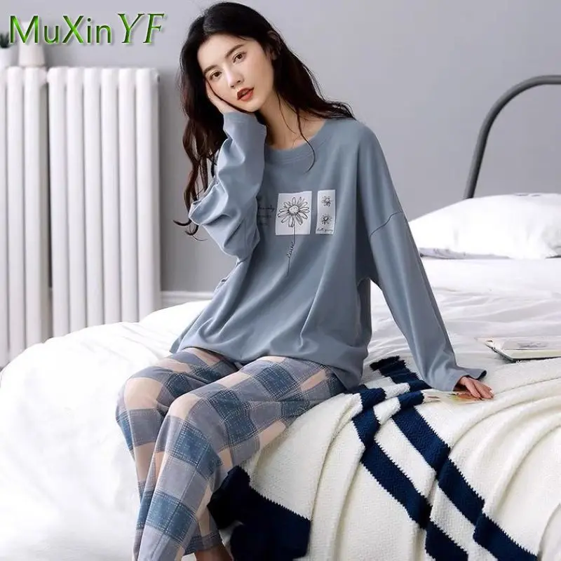 2022 Spring Fall New Cartoon Pajamas Women's Cute Pijamas trousers Two piece Korean Casual Sleepwear Loose Home Clothes Suit