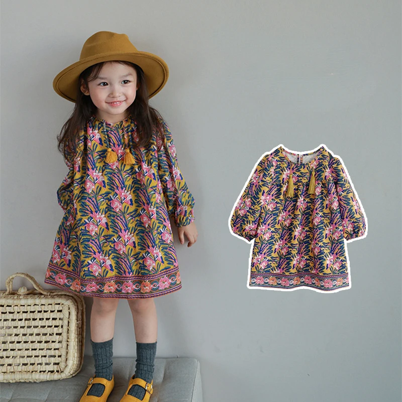 

2022 Autumn New Foreign Style Pastoral Cute Wind Small Floral Long Sleeve Children's Skirt Girls Autumn Tassel Dress