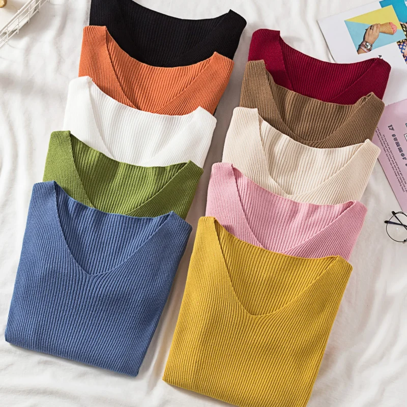 

New Women Sweater Autumn Long Sleeve Pullover Basic Top Fashion V-neck Elastic Female Winter Solid Knitted Jumper