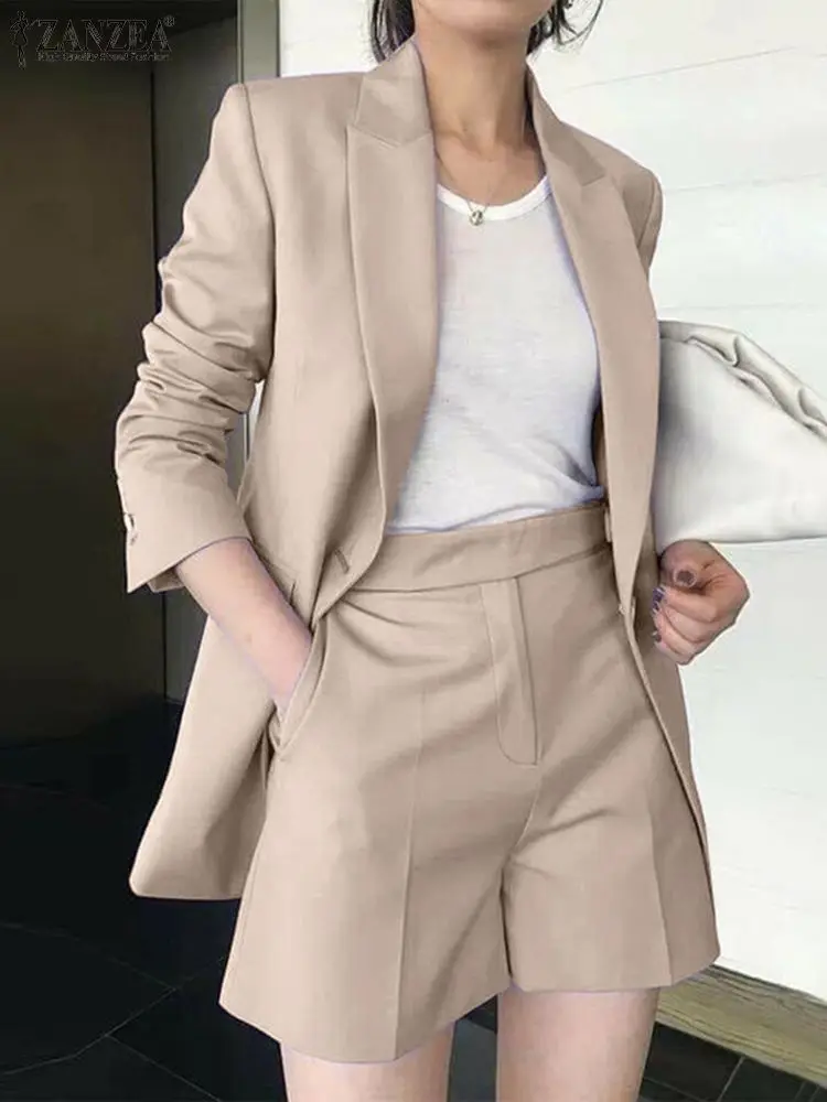 2023 ZANZEA Long Sleeve Blazer And Short Pant Autumn Pure Cotton Short Sets Women Solid Work OL Tracksuits Stylish Elegant Suit