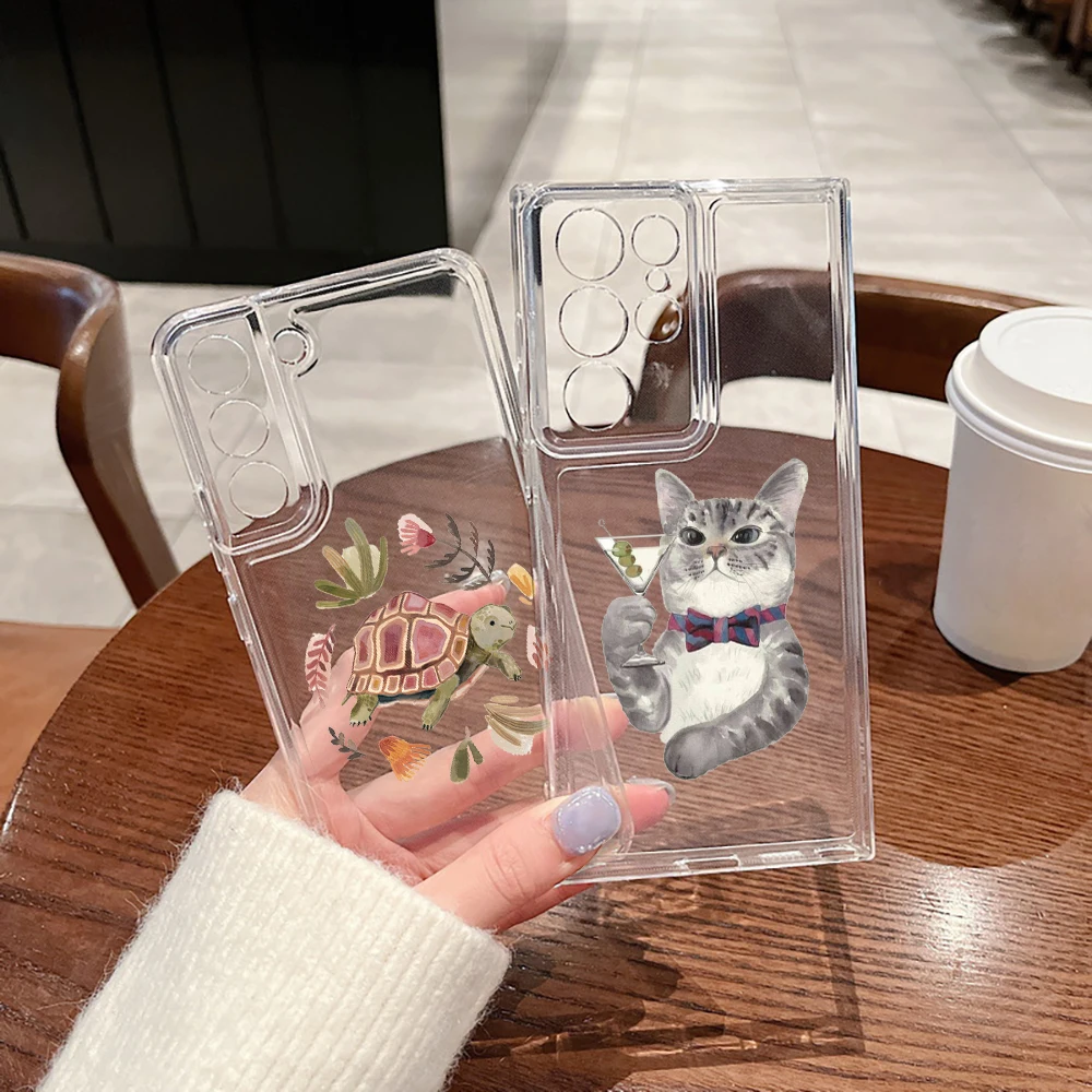 

Cute Cat Turtle Phone Case For Samsung Galaxy S21 FE S22 S23 Plus Cases For Galaxy S23 Ultra S22Ultra Transparent Soft TPU Cover