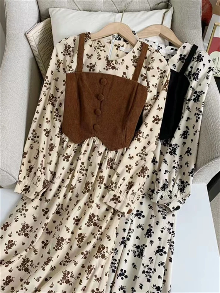 

Vest Stitching Fake Two-piece Long-sleeve Dress Womens Spring New Design Contrasting Colors Floral Print Mid-length Skirt Female