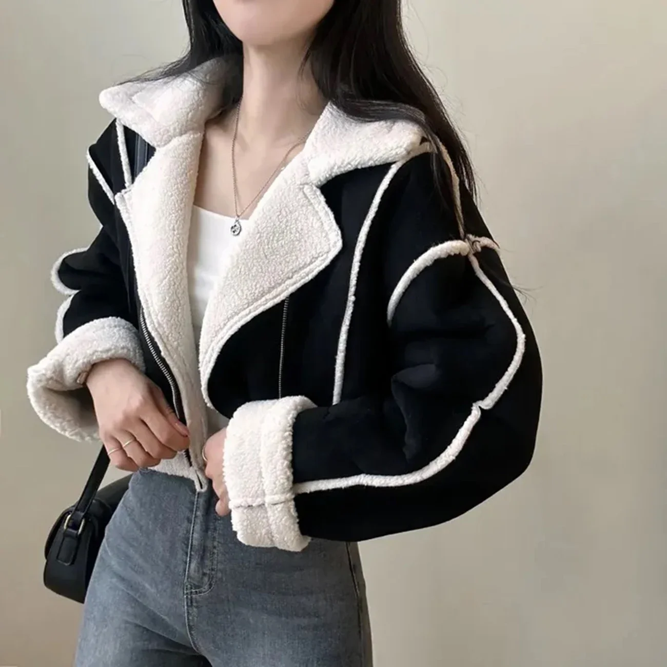 Женская Уличная Шерстяная Лоскутная Куртка Короткое Теплое Пальто На Молнии С