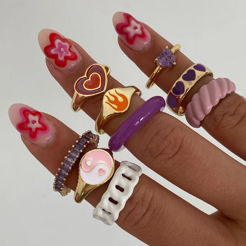 

Ins Style Colorful Love Heart Rings For Women Men Lover Vintage Heart Couple Rings Yingyang Flame Finger Ring Jewelry