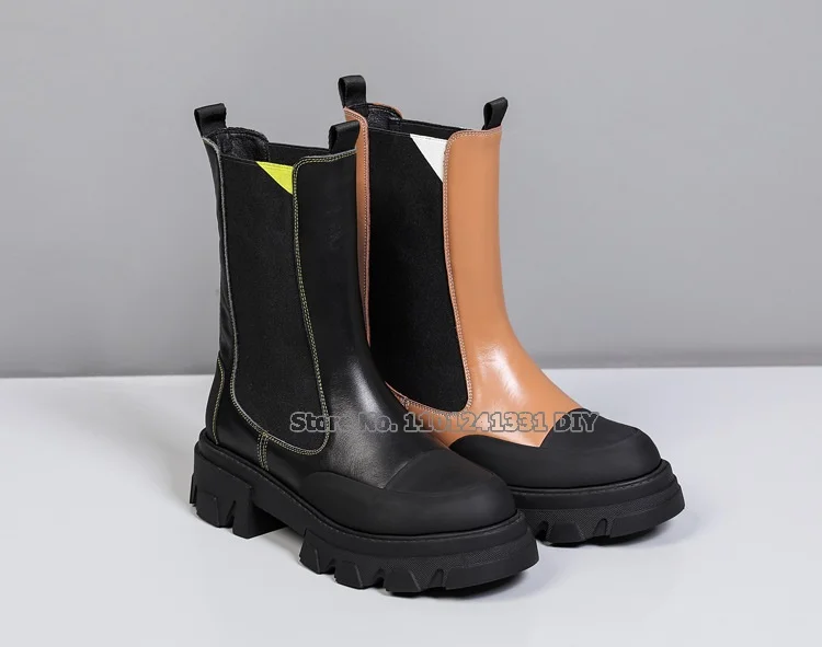 5.5cm Platform Real Cow Leather Elastic Slip On Short Boots Women Autumn Winter Mid Calf Boots Plus Size 43