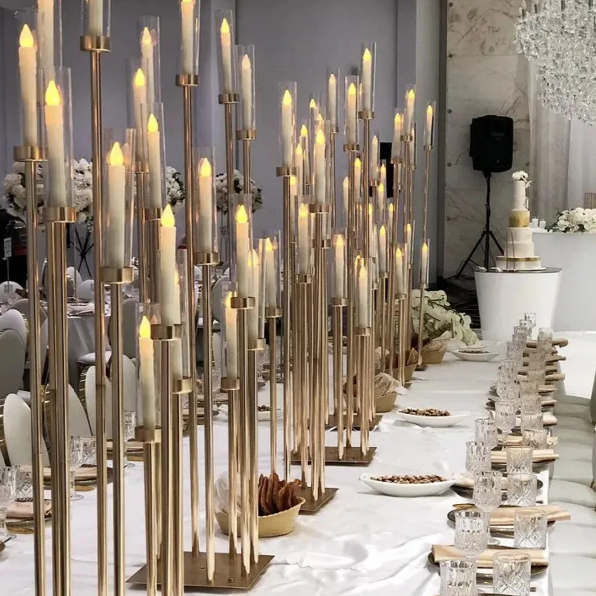 

10pcs）wedding talbe centerpiece 8 arms and 10 arms gold antique metal candelabra with cylinder Flower vases