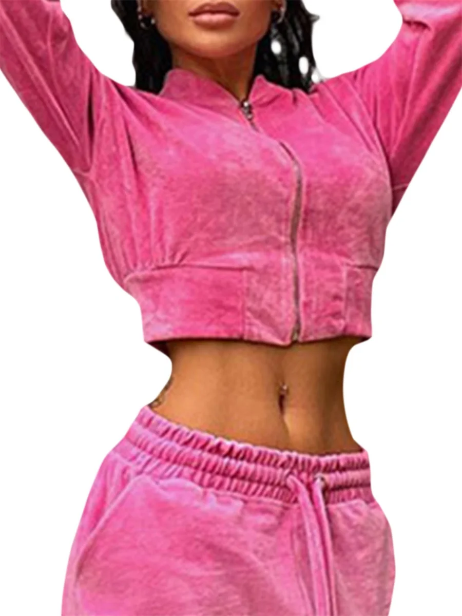 

Women\u2019s Velvet 2 Piece Outfits Long Sleeve Zip Up Crop Jacket or Drawstring Cargo Pants