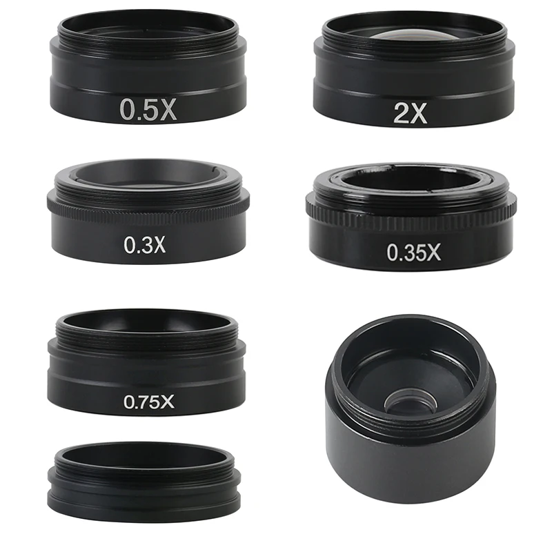 Auxiliar + 2.5x Ocular para 200x 0.3x Vidro Barlow Lente Objetiva 180x 300x Zoom c Montagem 0.75x 0.35x 0.5x 1x 2.0x