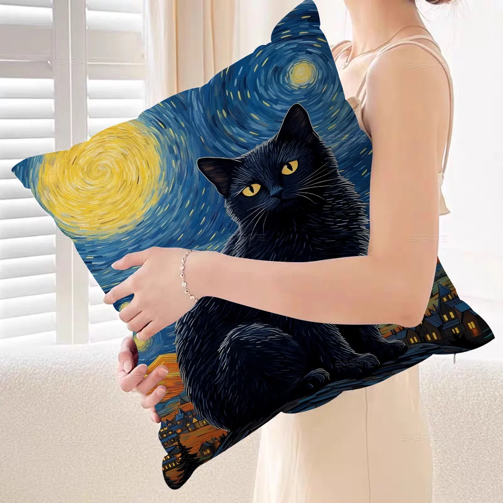 Черная кошка художественная подушка подарок украшение для дома и офиса спальня