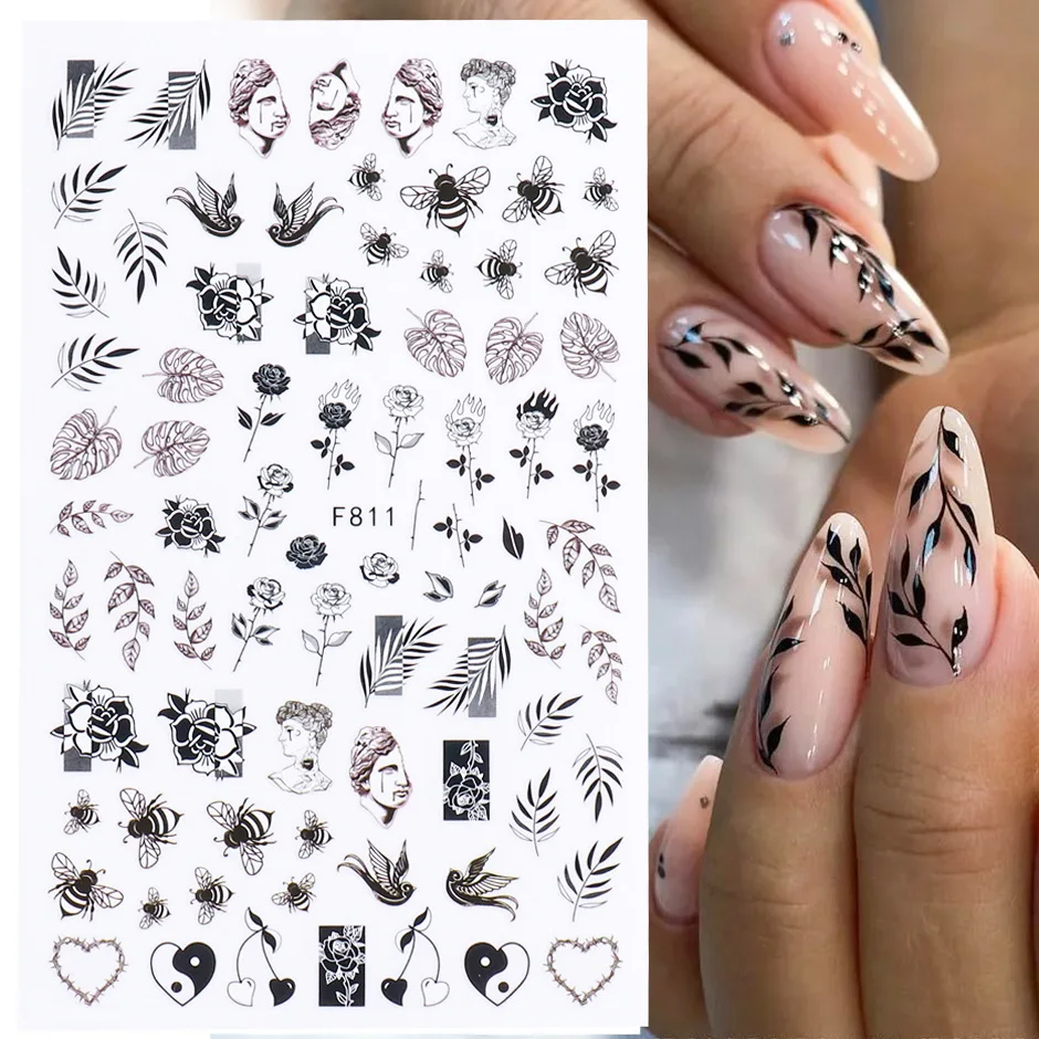 

3D Black and White Flowers Leaves Grass Art Nail Stickers Nail Art Decoration Nail Slider DIY Nail Art Supplies Press on Nails