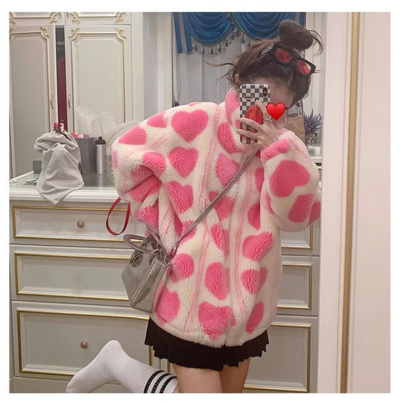 

Pink Heart Teddy Faux Fur Jackets Women Outerwear Female Overcoat Winter Coats Japanese Korean Fashion Kawaii Lambswool Coats
