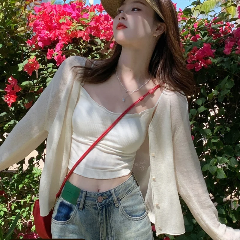 GAODINGLAN Летний Тонкий вязаный кардиган женская рубашка с длинным рукавом из