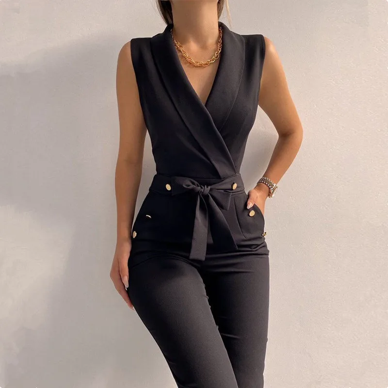 

2022 New Trendy Women Chic Jumpsuit Office Lady Sleeveless V Neck Button Decor Tied Detail Skinny Jumpsuit