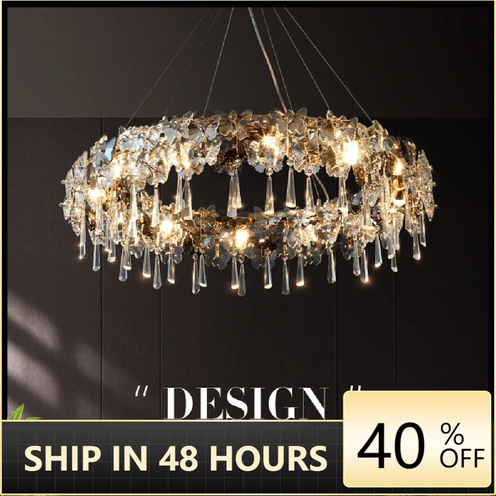 

Romantic Butterfly Crystals Led Pendant Lights Modern Lustre E14 Gold Metal Hanging Lamp Living Room Led Suspend Lamp Fixtures